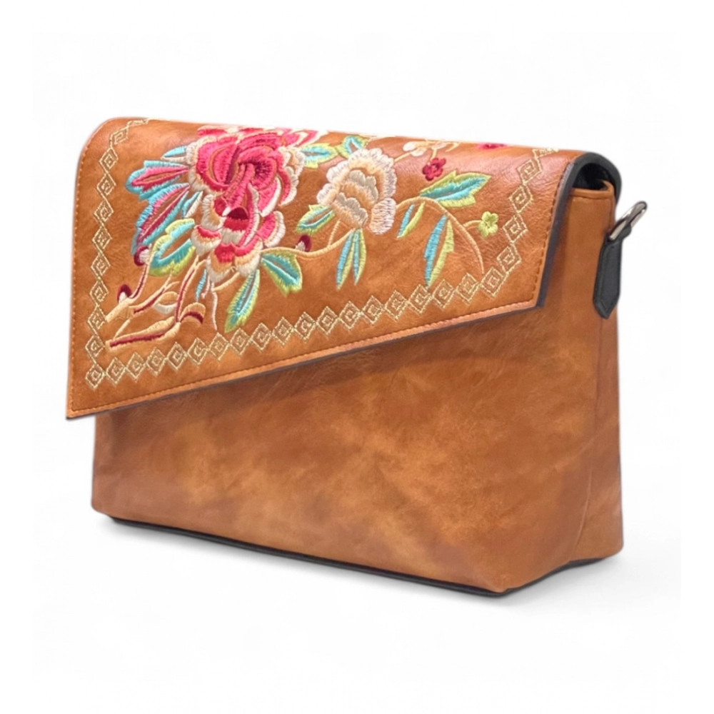 Women's Polyurethane Floral Embroidered Crossbody Sling Bag with Adjustable & Removable Strap (Tan) - Image 5