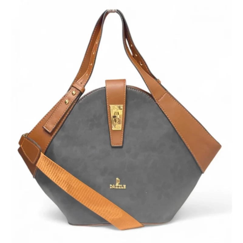 Women's Polyurethane Floral Printed Hexagonal Satchel Handbag with Adjustable Strap (Charcoal Grey) - Image 2