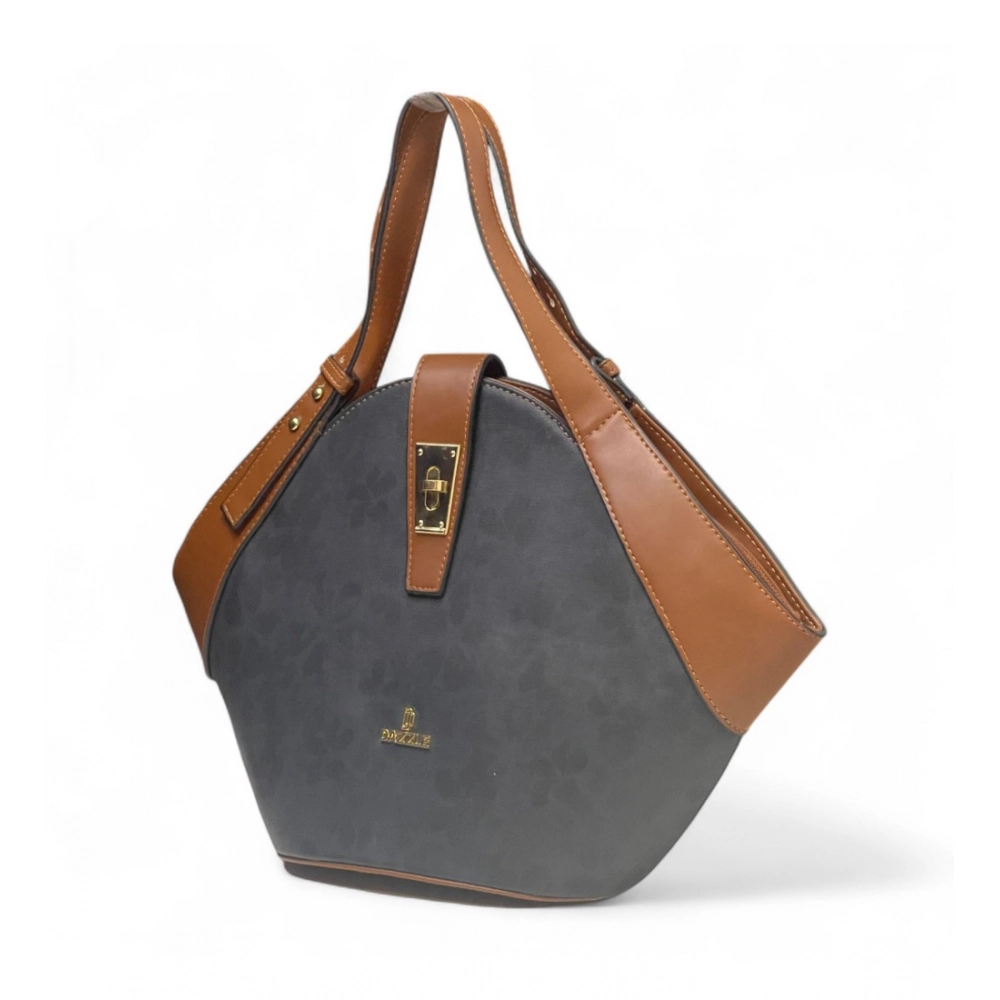 Women's Polyurethane Floral Printed Hexagonal Satchel Handbag with Adjustable Strap (Charcoal Grey) - Image 3
