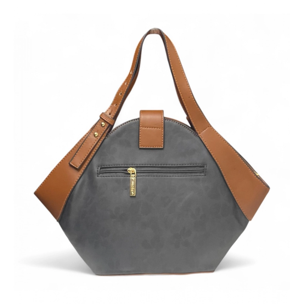 Women's Polyurethane Floral Printed Hexagonal Satchel Handbag with Adjustable Strap (Charcoal Grey) - Image 5
