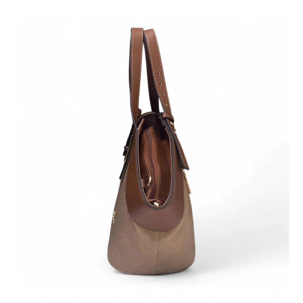 Women's Polyurethane Floral Printed Hexagonal Satchel Handbag with Adjustable Strap (Brown) - Image 4
