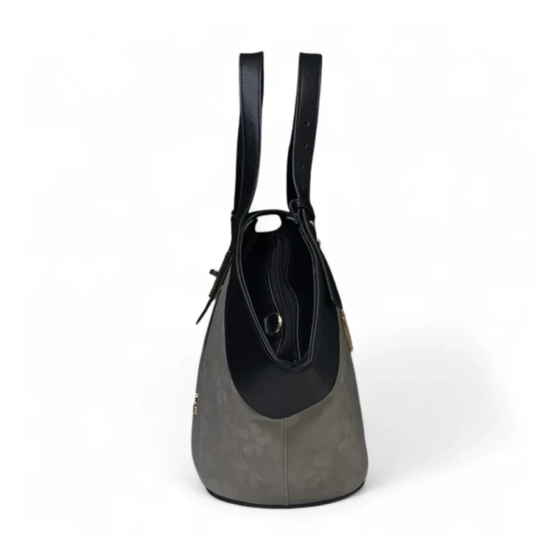 Women's Polyurethane Floral Printed Hexagonal Satchel Handbag with Adjustable Strap (Grey) - Image 4