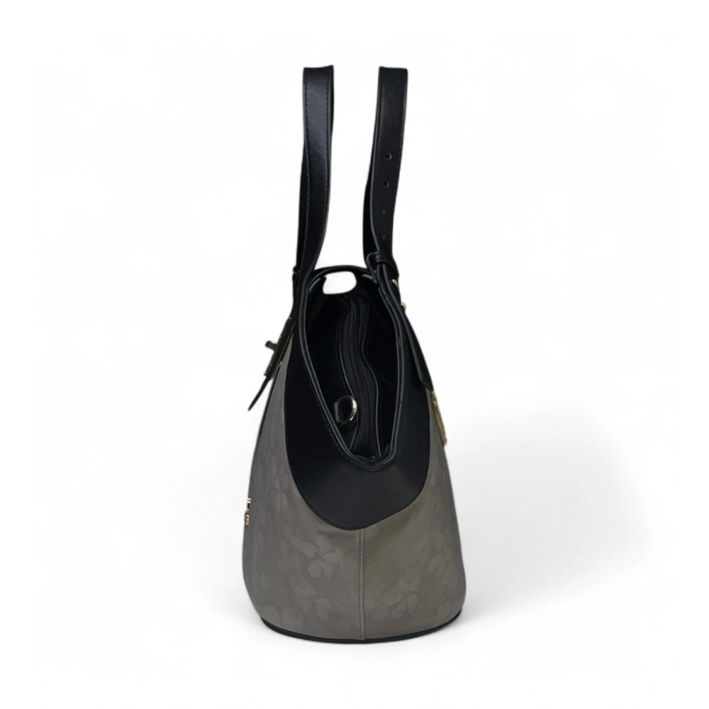 Women's Polyurethane Floral Printed Hexagonal Satchel Handbag with Adjustable Strap (Grey) - Image 4