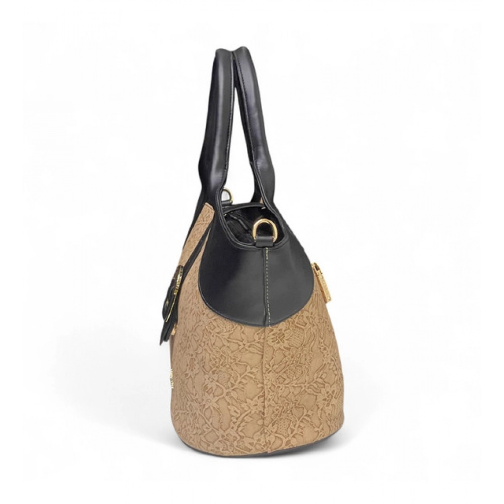 Women's Polyurethane Textured Two-Tone Tote Handbag with Adjustable & Removable Strap (Beige) - Image 4