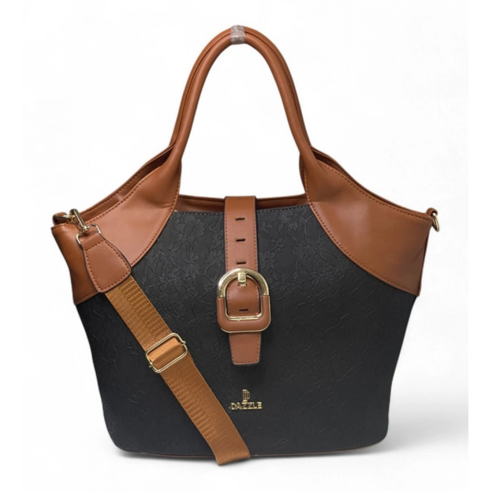 Women's Polyurethane Textured Two-Tone Tote Handbag with Adjustable & Removable Strap (Black-Tan)