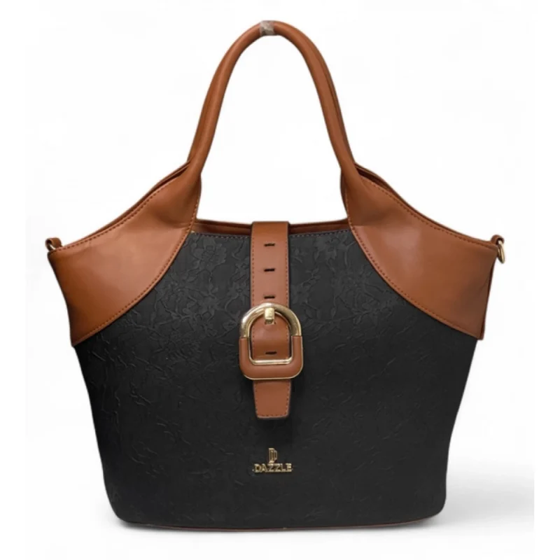 Women's Polyurethane Textured Two-Tone Tote Handbag with Adjustable & Removable Strap (Black-Tan) - Image 2