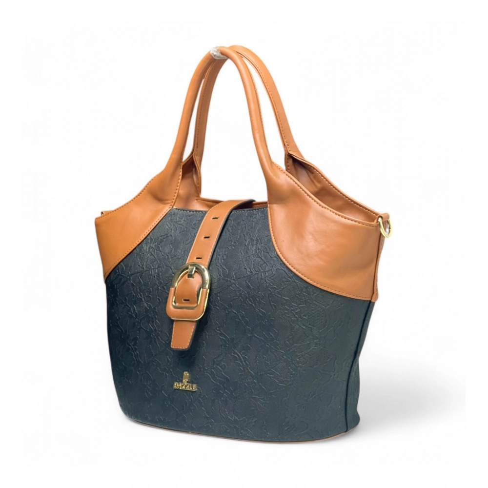 Women's Polyurethane Textured Two-Tone Tote Handbag with Adjustable & Removable Strap (Black-Tan) - Image 4