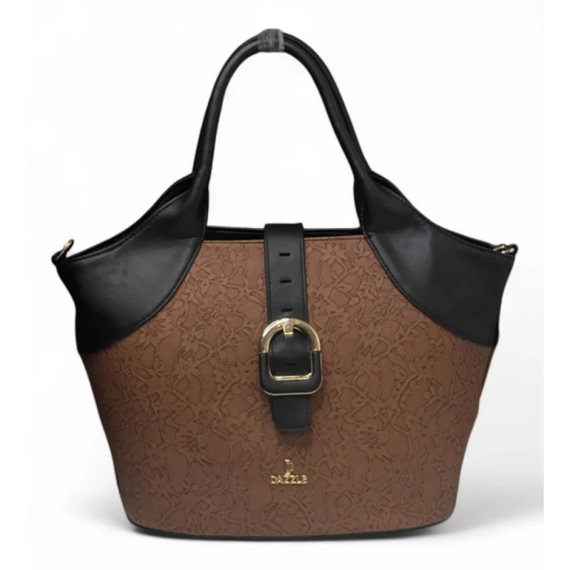 Women's Polyurethane Textured Two-Tone Tote Handbag with Adjustable & Removable Strap (Brown) - Image 2
