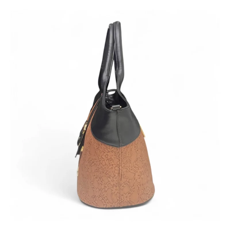 Women's Polyurethane Textured Two-Tone Tote Handbag with Adjustable & Removable Strap (Brown) - Image 4