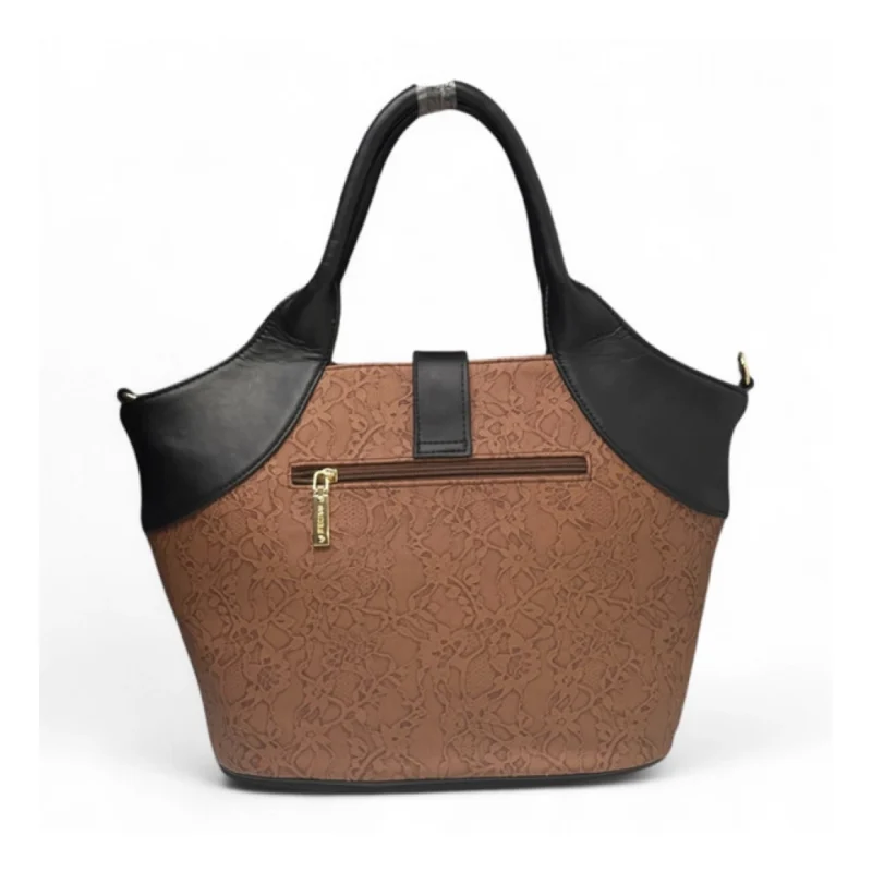 Women's Polyurethane Textured Two-Tone Tote Handbag with Adjustable & Removable Strap (Brown) - Image 5
