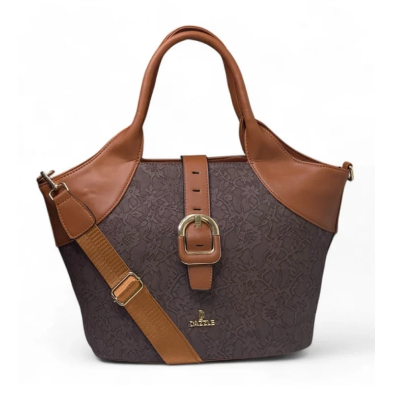 Women's Polyurethane Textured Two-Tone Tote Handbag with Adjustable & Removable Strap (Dark Brown)