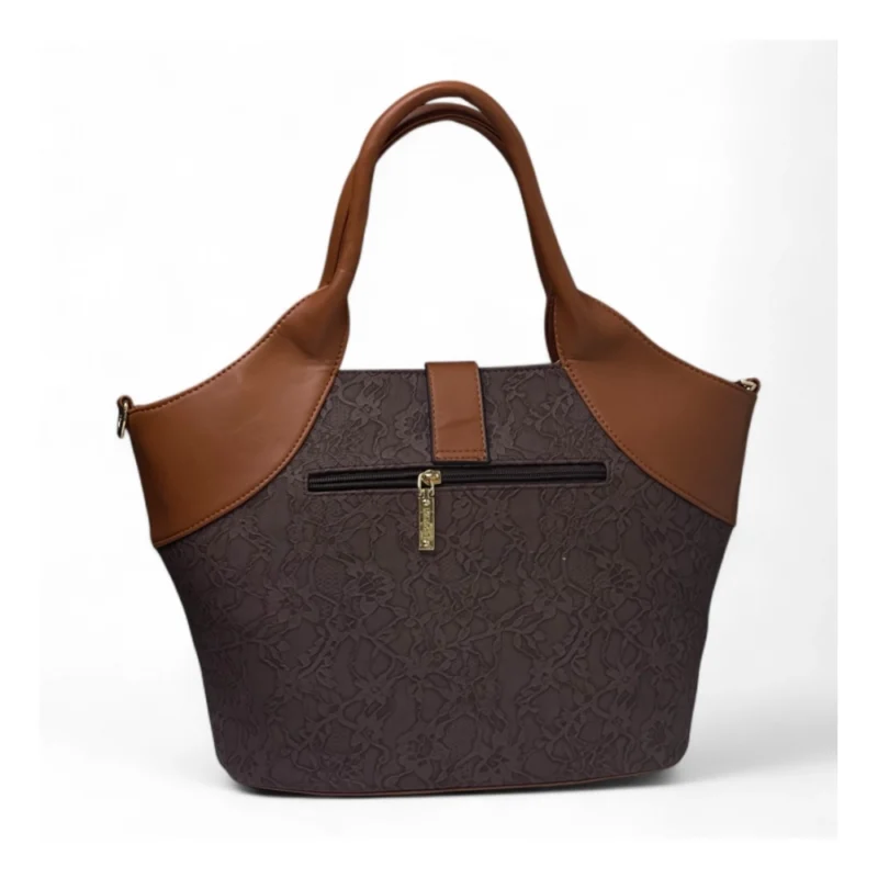 Women's Polyurethane Textured Two-Tone Tote Handbag with Adjustable & Removable Strap (Dark Brown) - Image 5