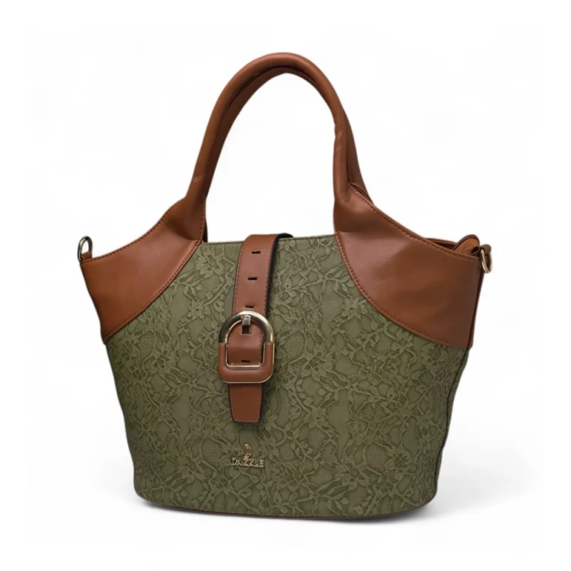 Women's Polyurethane Textured Two-Tone Tote Handbag with Adjustable & Removable Strap (Green) - Image 3