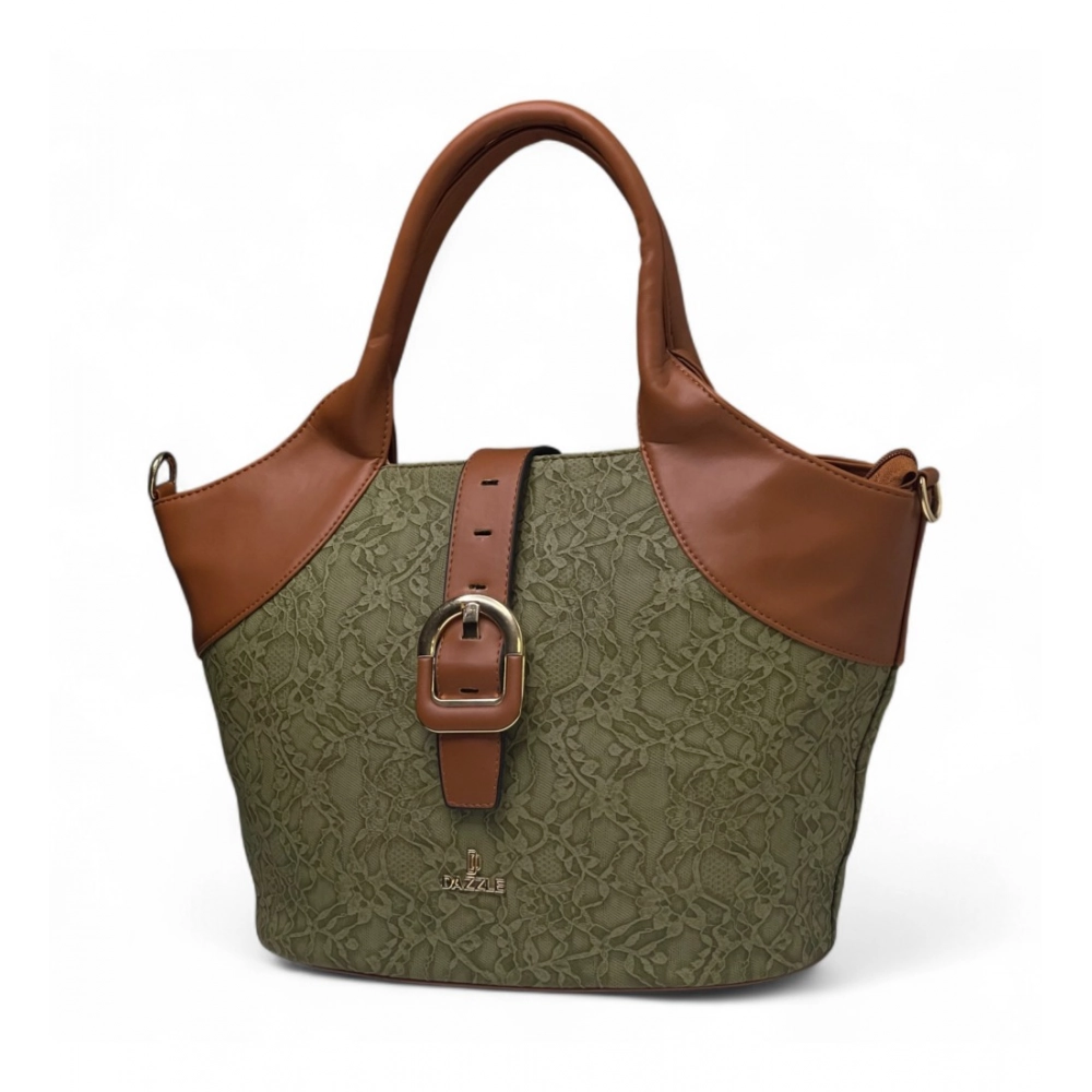 Women's Polyurethane Textured Two-Tone Tote Handbag with Adjustable & Removable Strap (Green) - Image 3