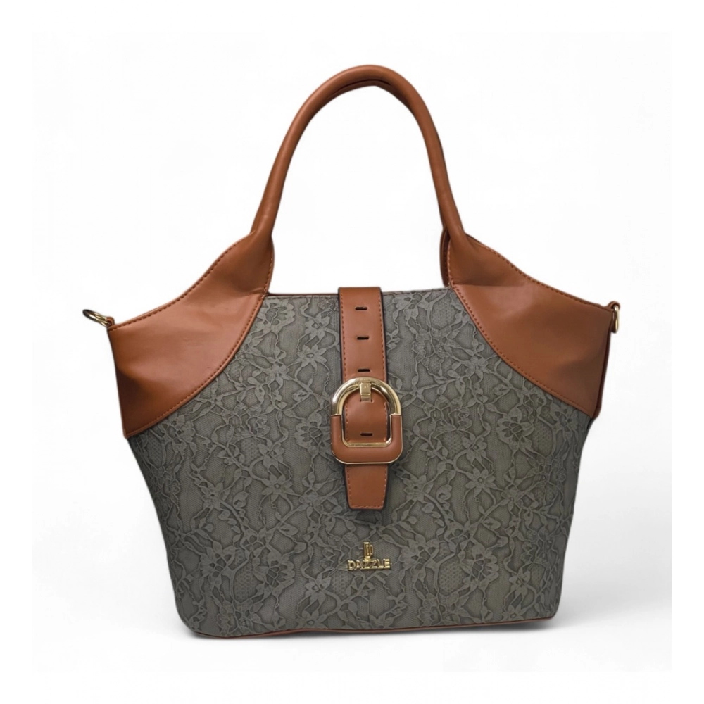 Women's Polyurethane Textured Two-Tone Tote Handbag with Adjustable & Removable Strap (Grey) - Image 3