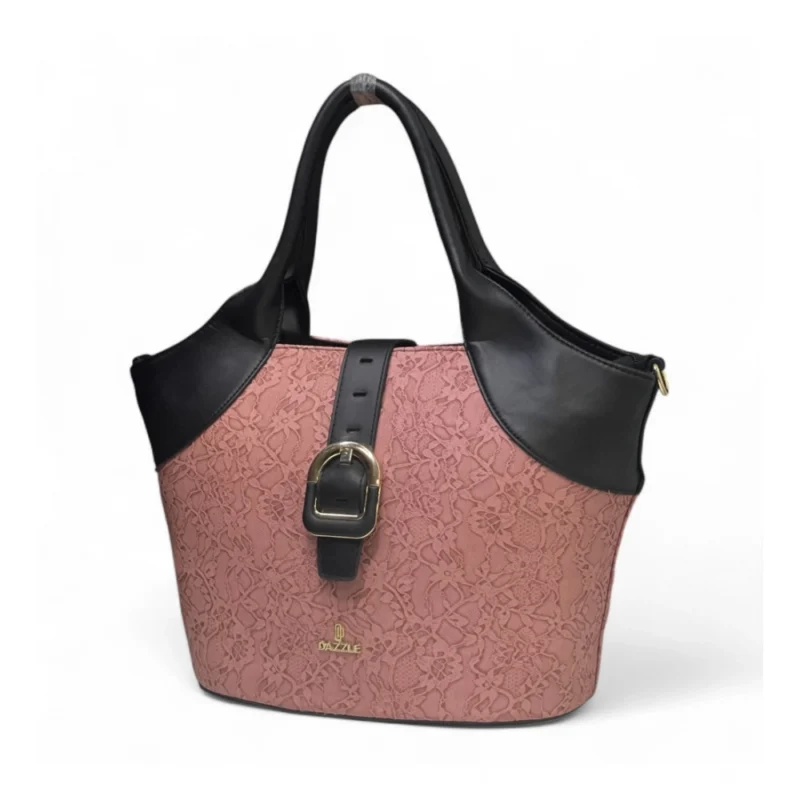 Women's Polyurethane Textured Two-Tone Tote Handbag with Adjustable & Removable Strap (Pink) - Image 3