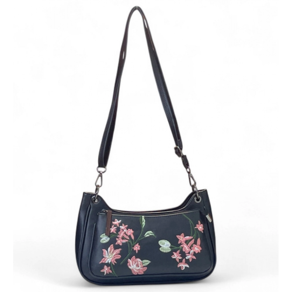 Women's Polyurethane Floral Embroidered Crossbody Sling Bag with Adjustable & Removable Strap (Black)