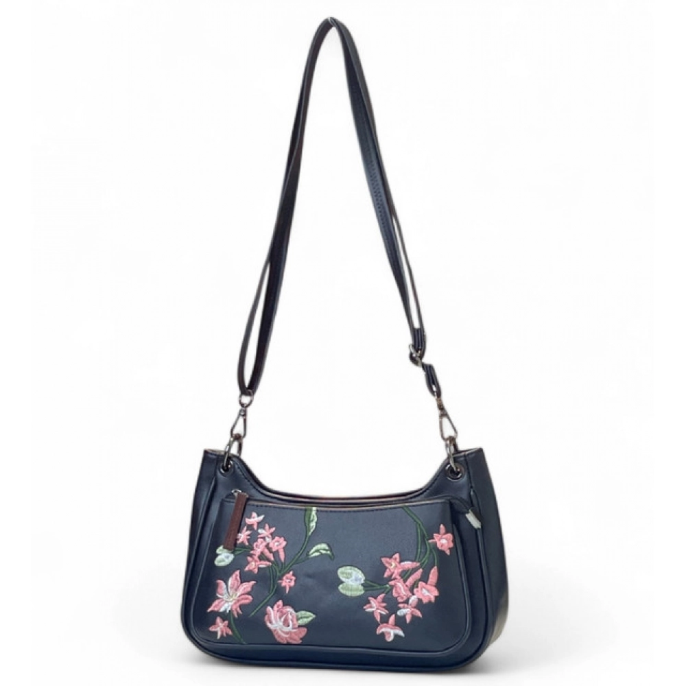 Women's Polyurethane Floral Embroidered Crossbody Sling Bag with Adjustable & Removable Strap (Black) - Image 2