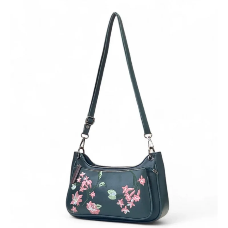 Alternative view of Women's Polyurethane Floral Embroidered Crossbody Sling Bag with Adjustable & Removable Strap (Blue)