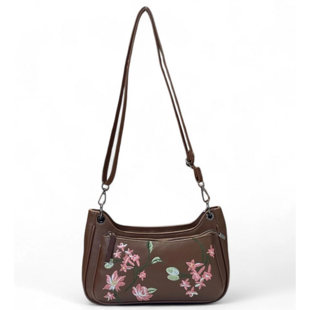 Women's Polyurethane Floral Embroidered Crossbody Sling Bag with Adjustable & Removable Strap (Brown)