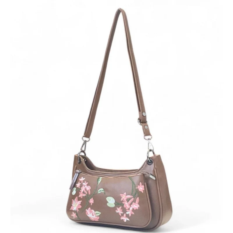 Alternative view of Women's Polyurethane Floral Embroidered Crossbody Sling Bag with Adjustable & Removable Strap (Brown)