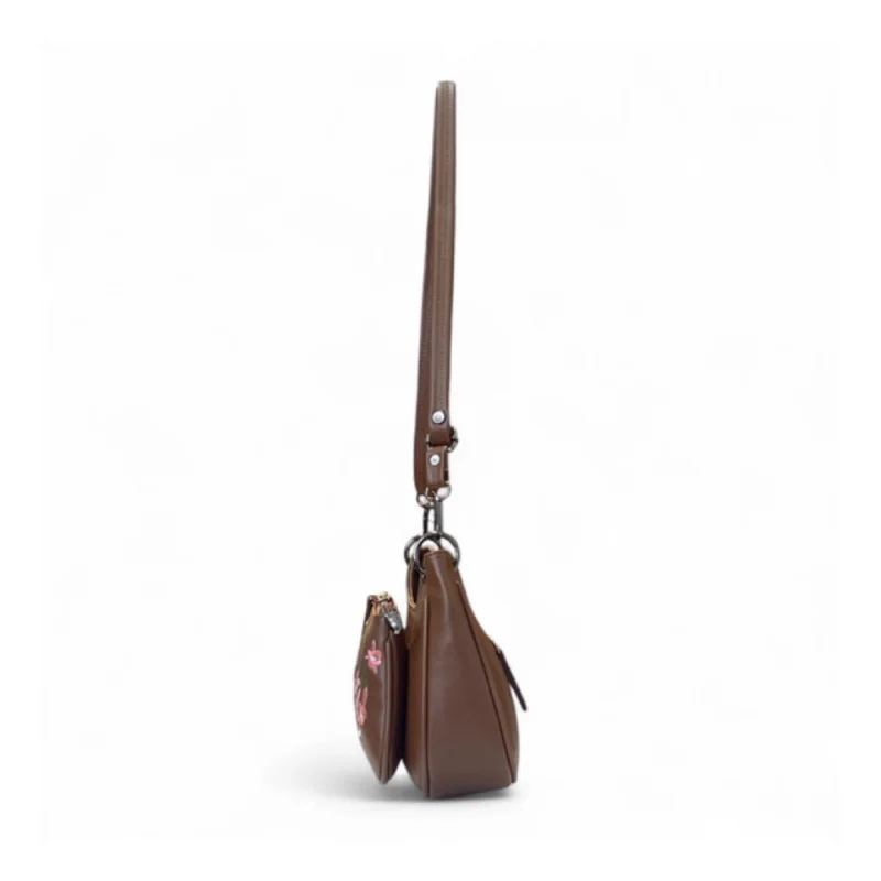 Women's Polyurethane Floral Embroidered Crossbody Sling Bag with Adjustable & Removable Strap (Brown) - Image 3