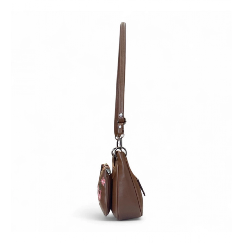Women's Polyurethane Floral Embroidered Crossbody Sling Bag with Adjustable & Removable Strap (Brown) - Image 3