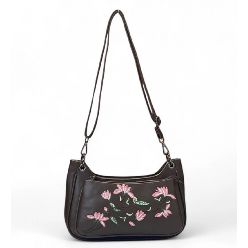 Women's Polyurethane Floral Embroidered Crossbody Sling Bag with Adjustable & Removable Strap (Dark Brown)