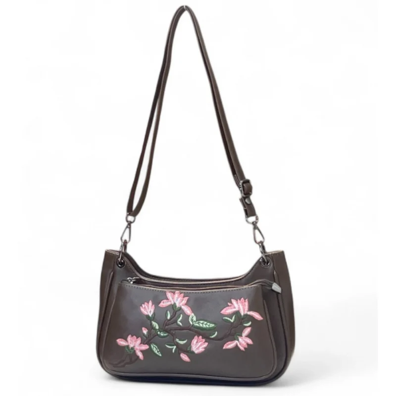 Alternative view of Women's Polyurethane Floral Embroidered Crossbody Sling Bag with Adjustable & Removable Strap (Dark Brown)