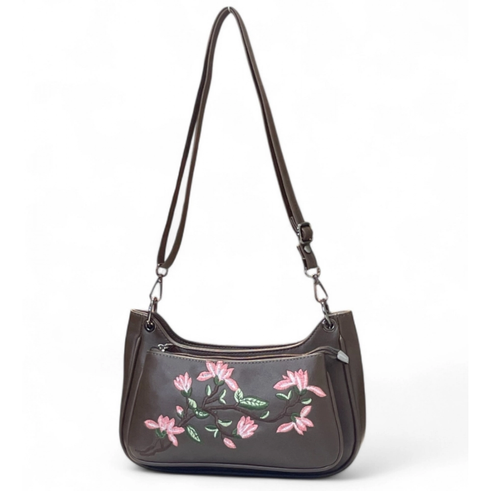 Women's Polyurethane Floral Embroidered Crossbody Sling Bag with Adjustable & Removable Strap (Dark Brown) - Image 2