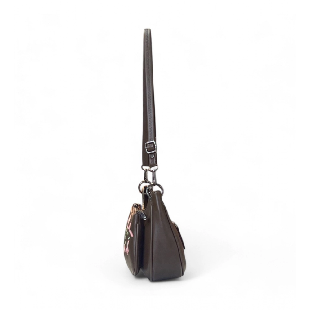 Women's Polyurethane Floral Embroidered Crossbody Sling Bag with Adjustable & Removable Strap (Dark Brown) - Image 3