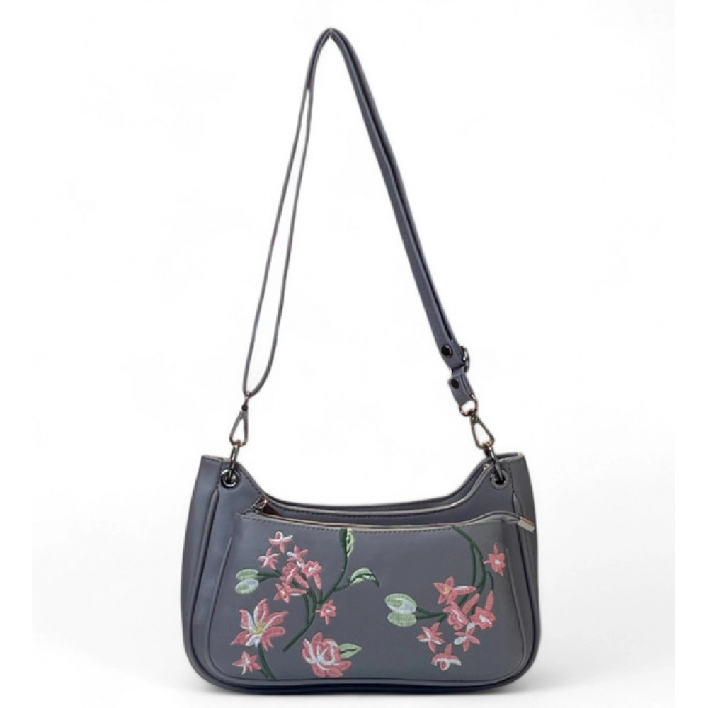 Women's Polyurethane Floral Embroidered Crossbody Sling Bag with Adjustable & Removable Strap (Grey)