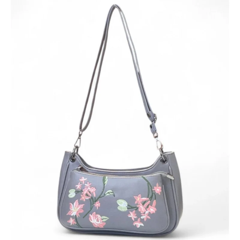 Alternative view of Women's Polyurethane Floral Embroidered Crossbody Sling Bag with Adjustable & Removable Strap (Grey)