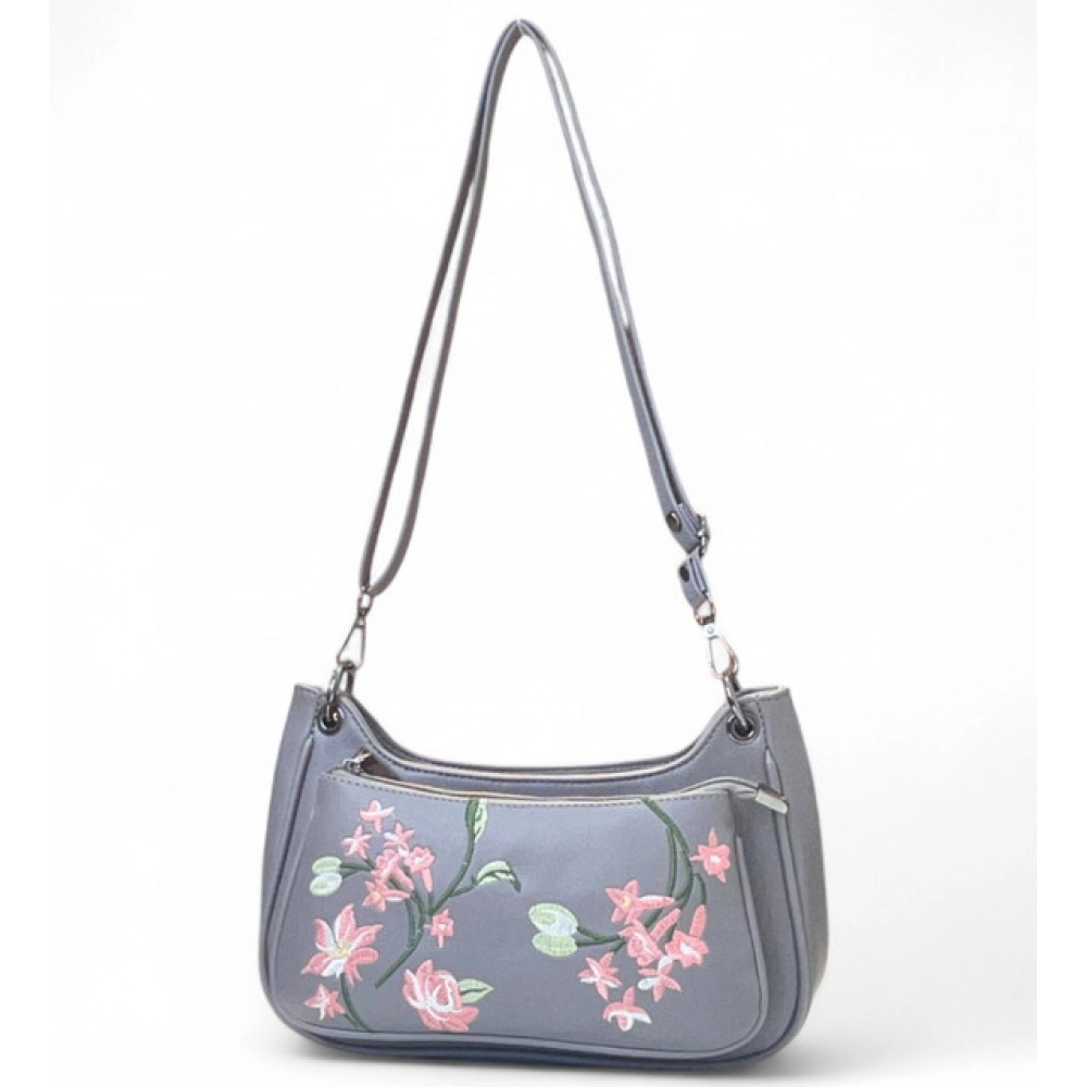 Women's Polyurethane Floral Embroidered Crossbody Sling Bag with Adjustable & Removable Strap (Grey) - Image 2