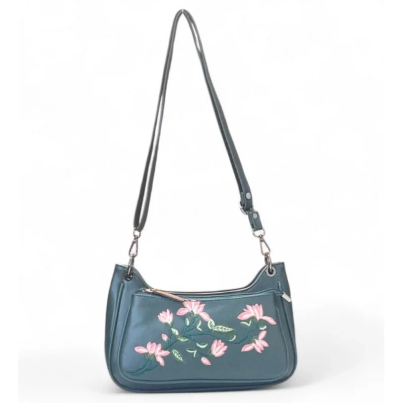 Women's Polyurethane Floral Embroidered Crossbody Sling Bag with Adjustable & Removable Strap (Light Blue)