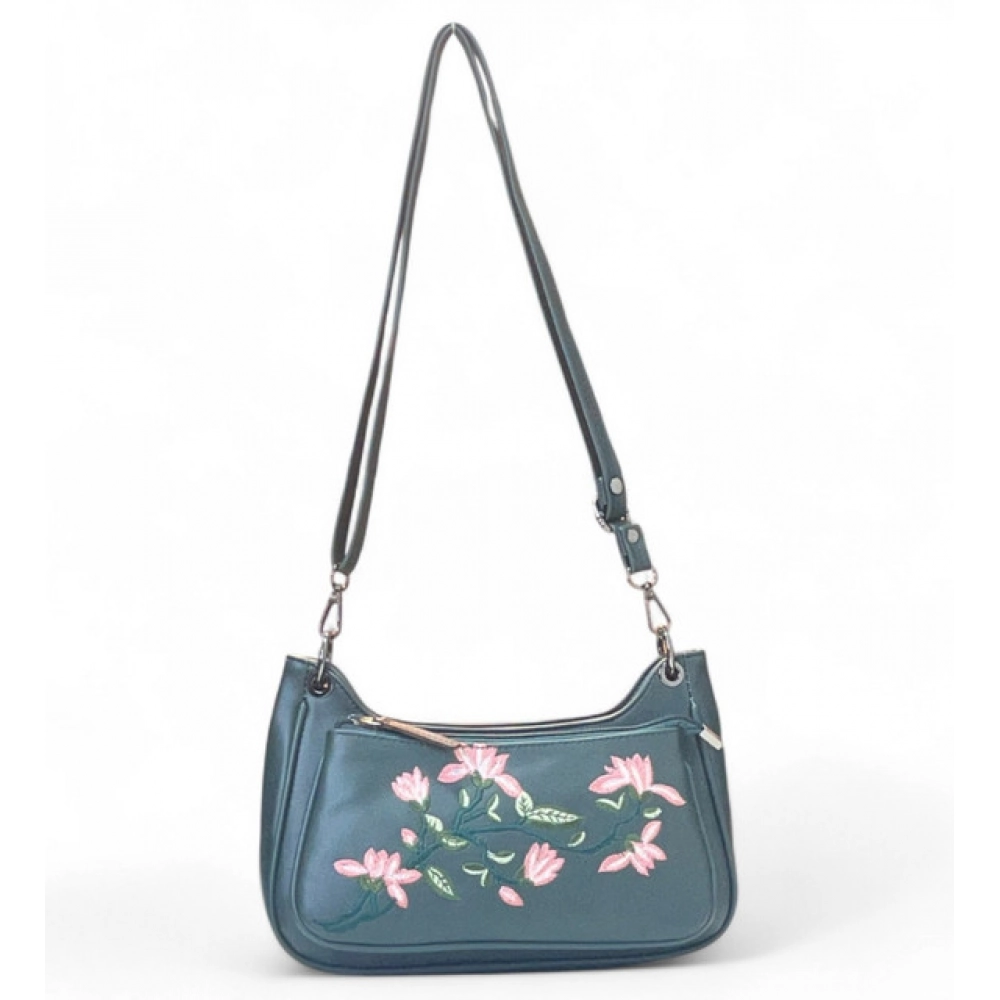 Women's Polyurethane Floral Embroidered Crossbody Sling Bag with Adjustable & Removable Strap (Light Blue)
