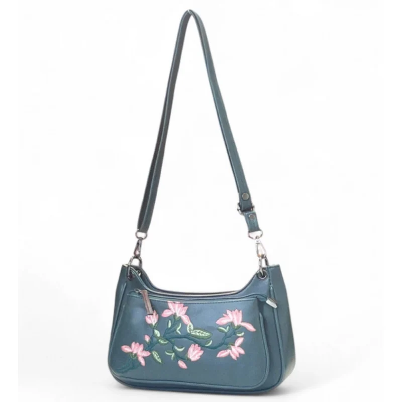 Alternative view of Women's Polyurethane Floral Embroidered Crossbody Sling Bag with Adjustable & Removable Strap (Light Blue)