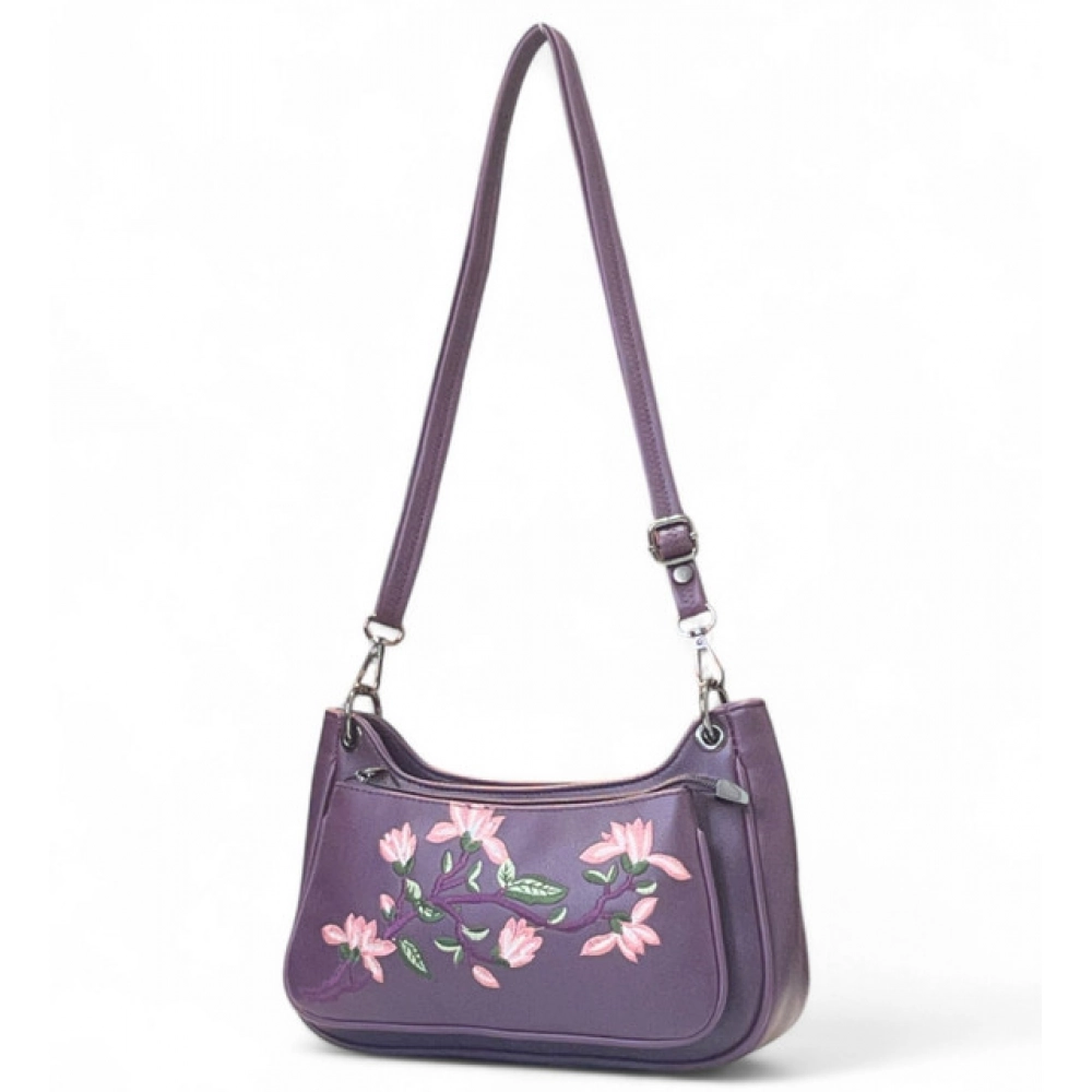 Women's Polyurethane Floral Embroidered Crossbody Sling Bag with Adjustable & Removable Strap (Purple) - Image 2