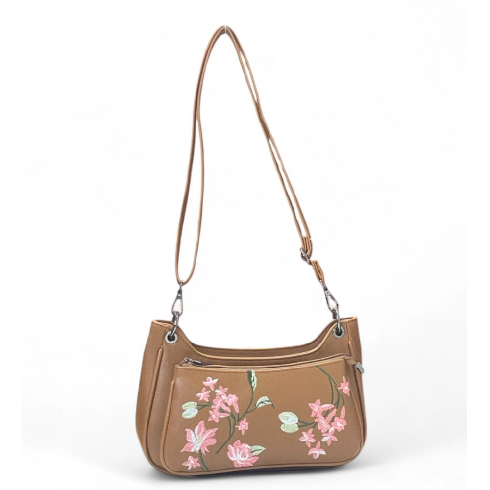 Women's Polyurethane Floral Embroidered Crossbody Sling Bag with Adjustable & Removable Strap (Tan)