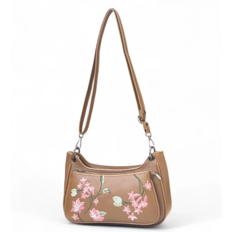 Alternative view of Women's Polyurethane Floral Embroidered Crossbody Sling Bag with Adjustable & Removable Strap (Tan)
