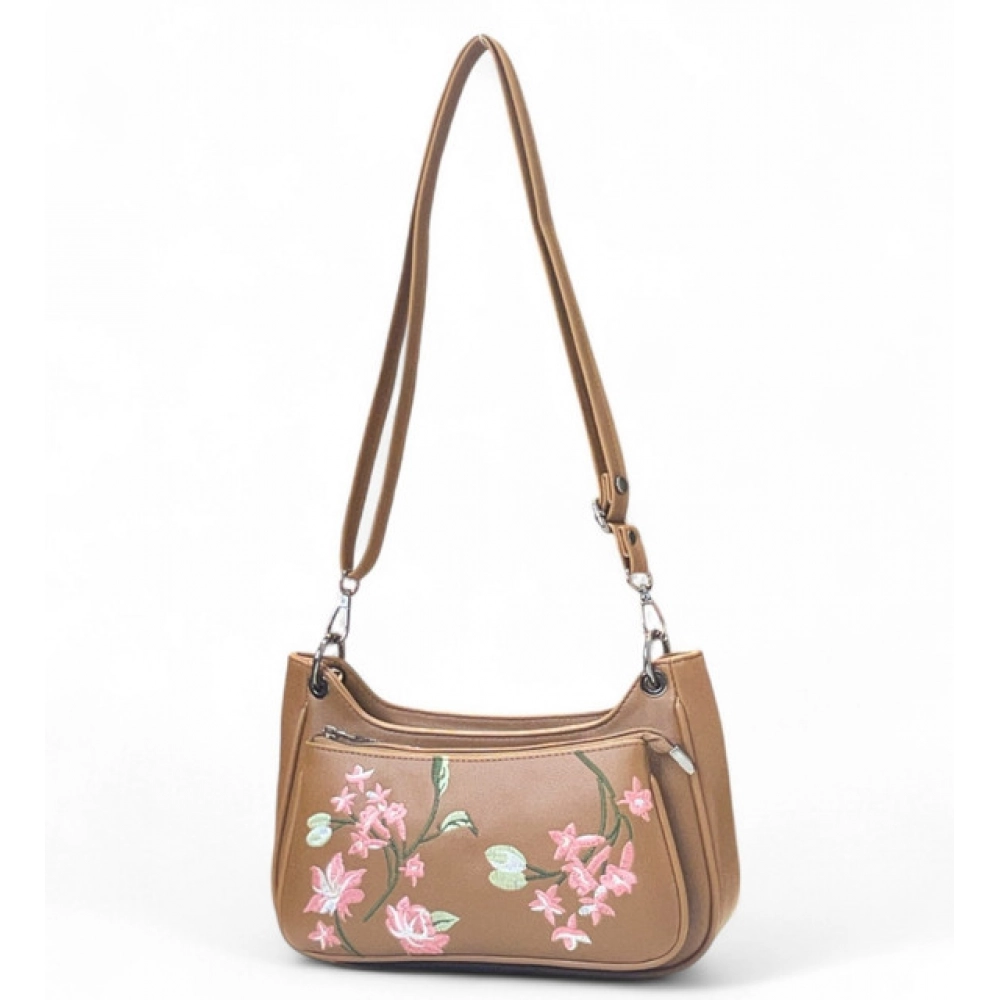 Women's Polyurethane Floral Embroidered Crossbody Sling Bag with Adjustable & Removable Strap (Tan) - Image 2