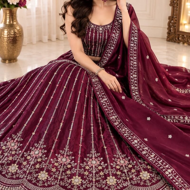 Wine Maroon Embroidered Lehenga Choli Set with Designer Dupatta