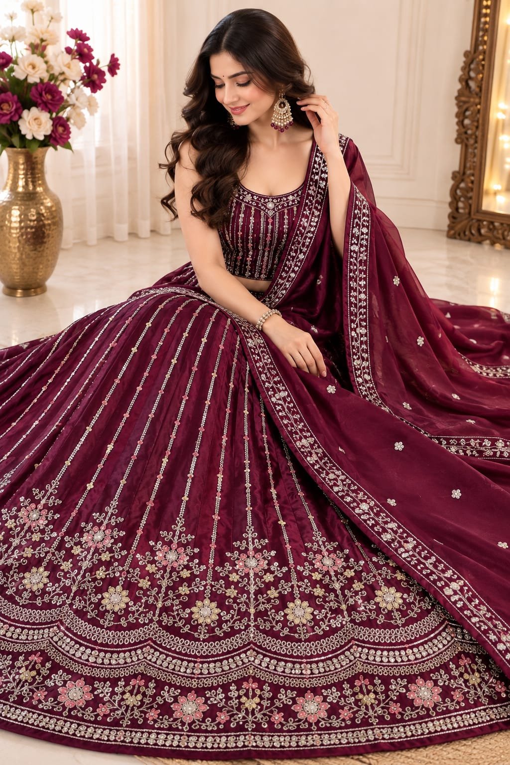 Wine Maroon Embroidered Lehenga Choli Set with Designer Dupatta