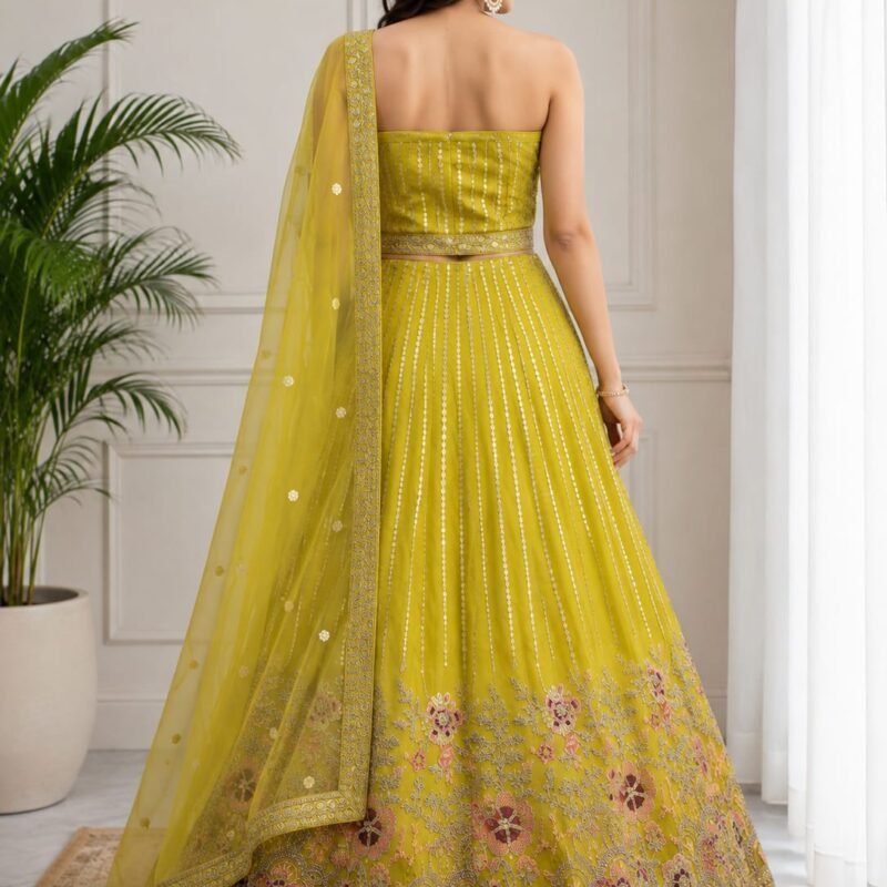 Alternative view of Mehndi Yellow Embroidered Lehenga Choli Set with Designer Dupatta