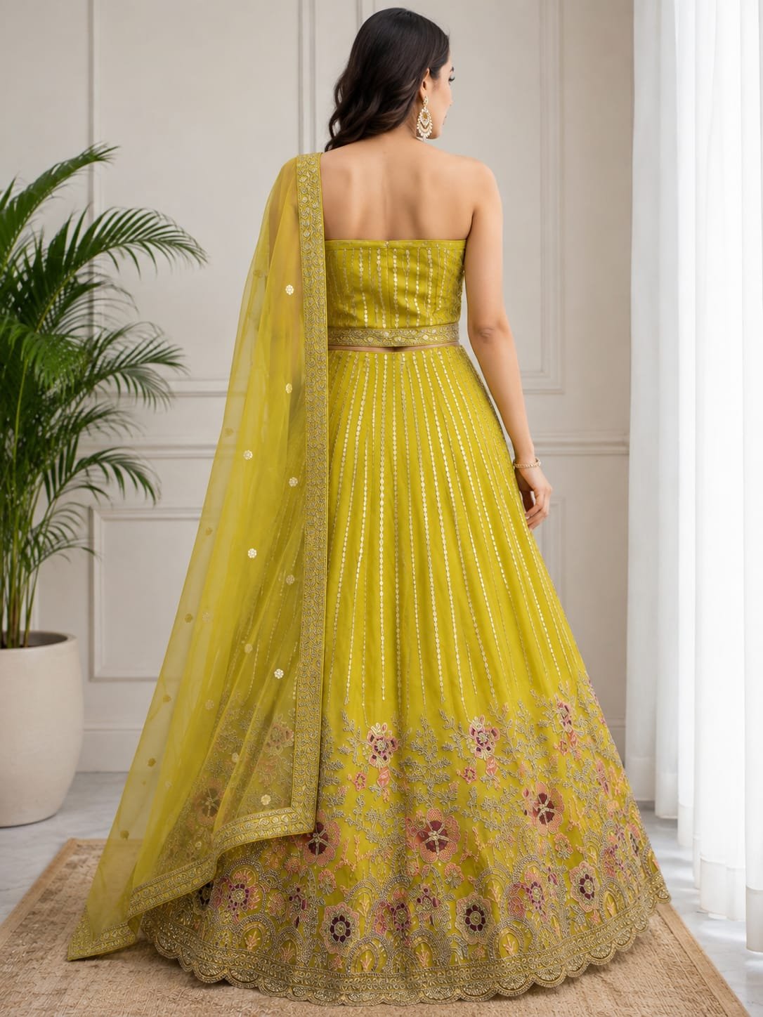 Mehndi Yellow Embroidered Lehenga Choli Set with Designer Dupatta - Image 2
