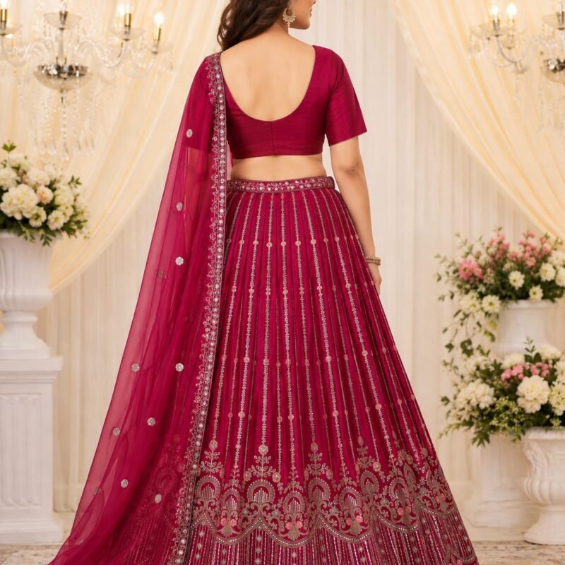 Alternative view of Wine Magenta Embroidered Lehenga Choli Set with Designer Dupatta