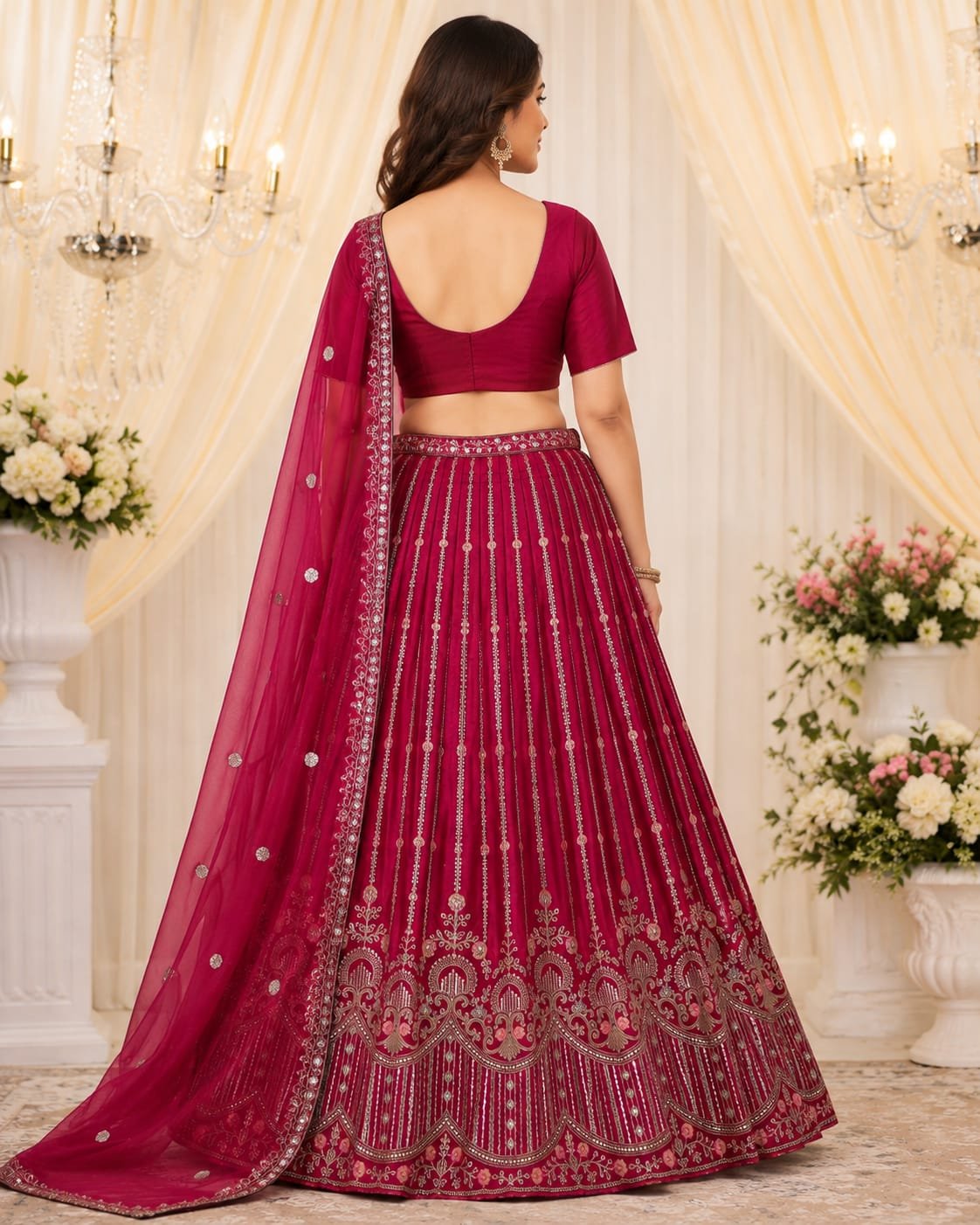 Wine Magenta Embroidered Lehenga Choli Set with Designer Dupatta - Image 2