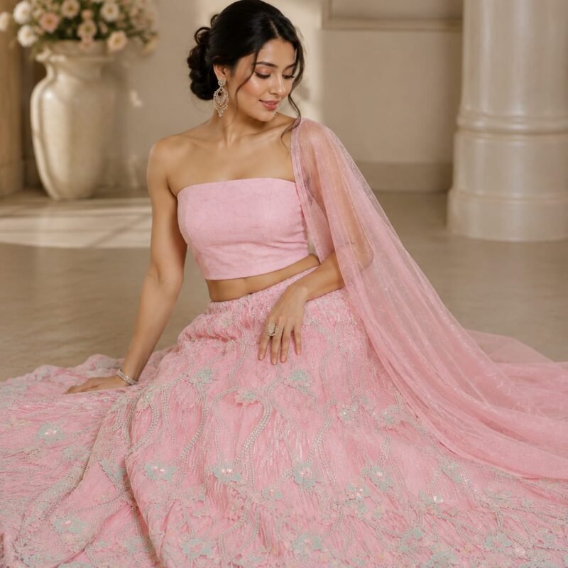 Peach Pink Floral Embroidered Lehenga Choli Set with Dupatta - Image 4