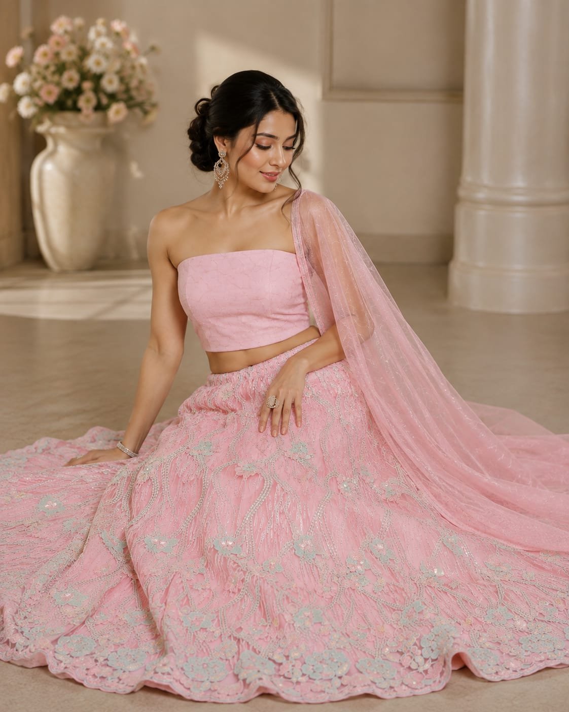 Peach Pink Floral Embroidered Lehenga Choli Set with Dupatta - Image 4