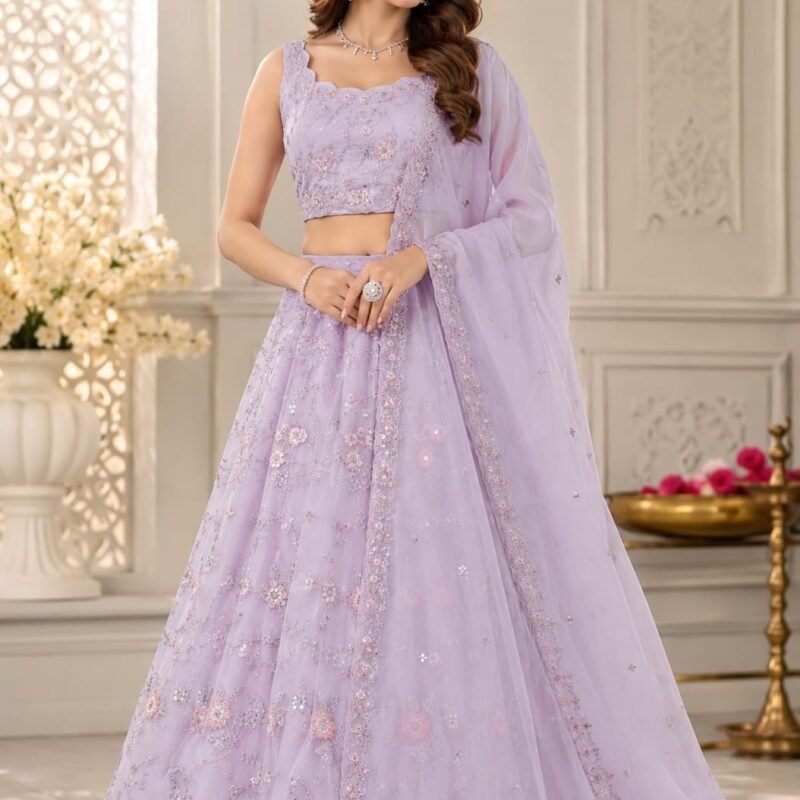 Elegant Lavender Embroidered Lehenga Choli Set with Designer Dupatta